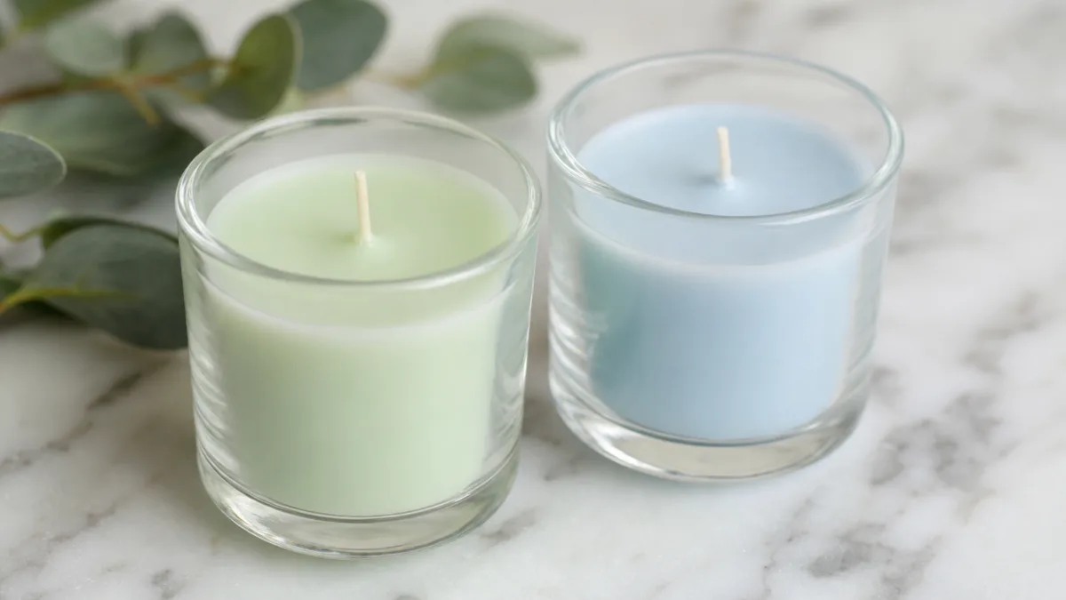 close-up of pastel green and blue votive candles in clear glass holders…
