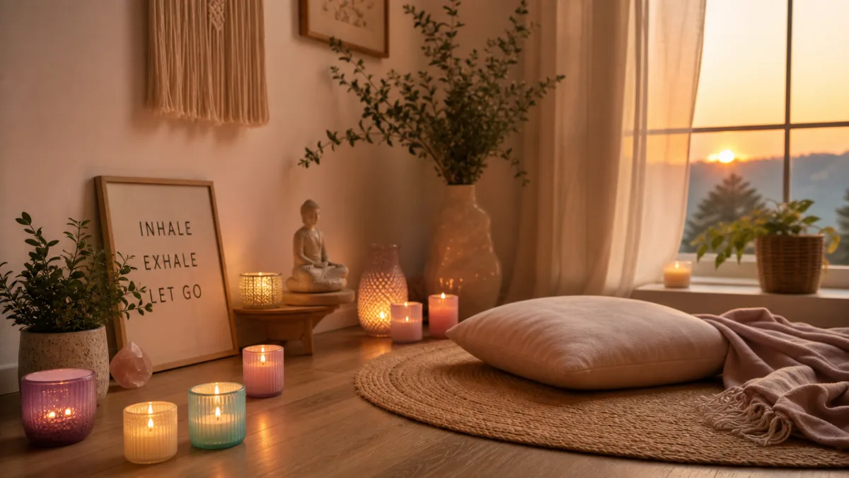 a serene meditation corner with pastel votive candles arranged on a wooden…