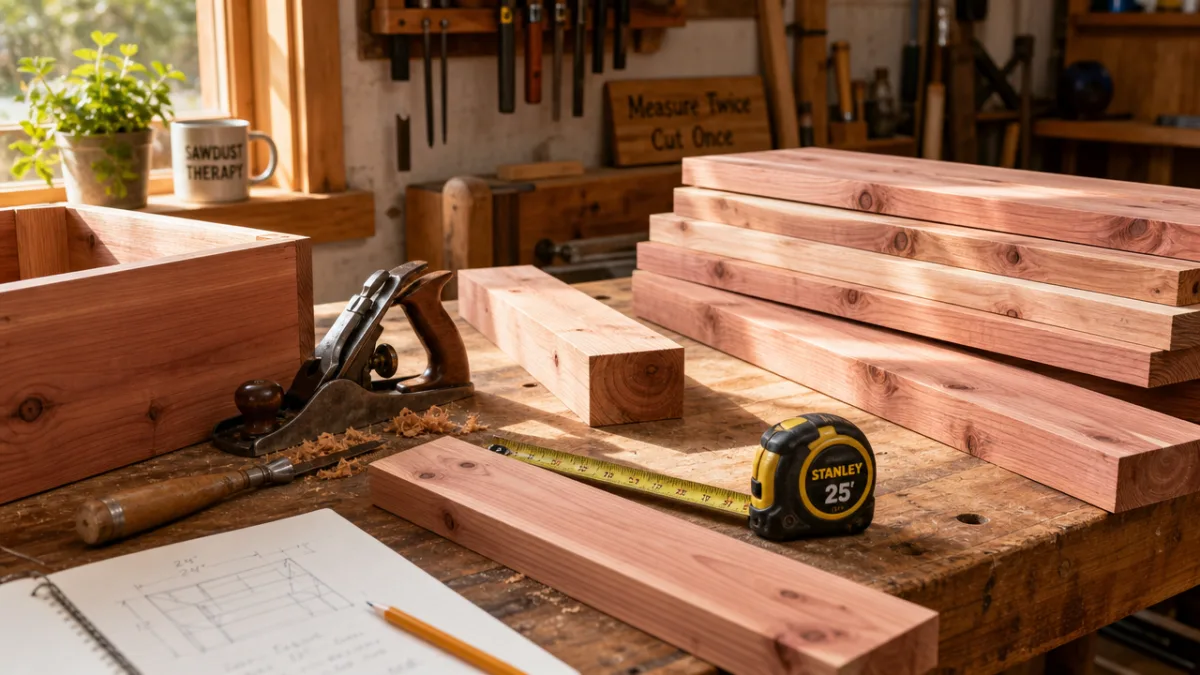 a sunlit wooden workbench covered with cedar lumber, tools, and measuring tape,…