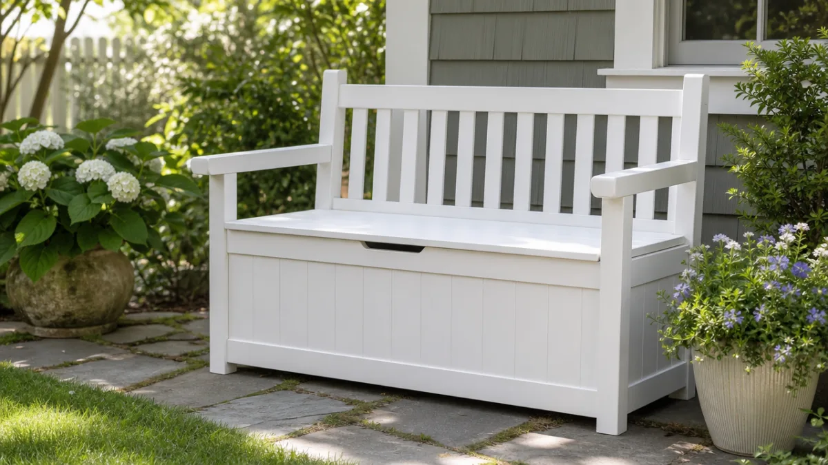 a freshly painted white outdoor storage bench on a green garden patio,…