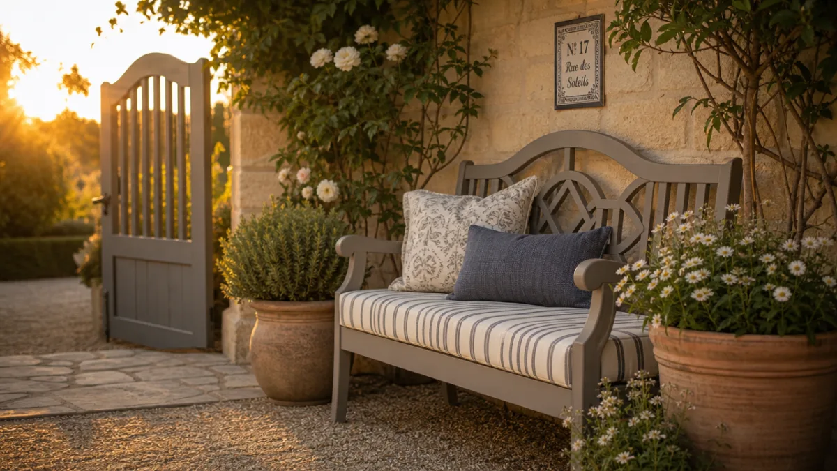 a styled outdoor bench with striped cushion and potted plants beside a…