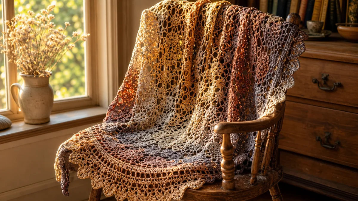 a beautifully handcrafted crochet shawl draped over a wooden chair, warm golden…