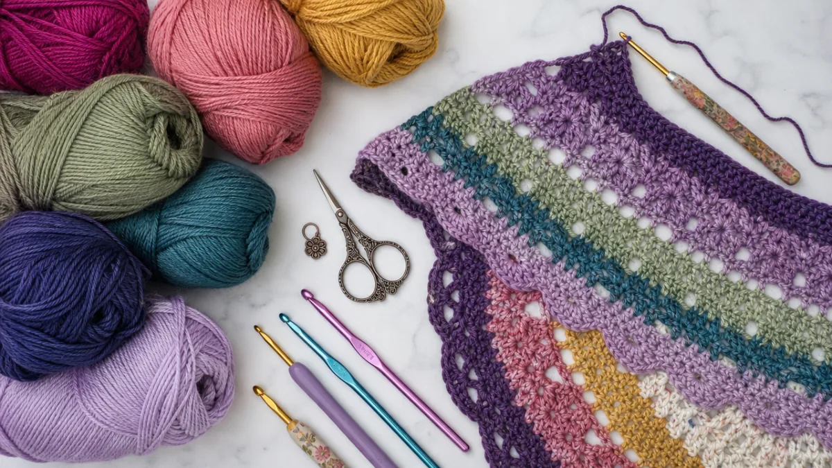 an overhead flat lay of colorful crochet yarn skeins, crochet hooks, and…