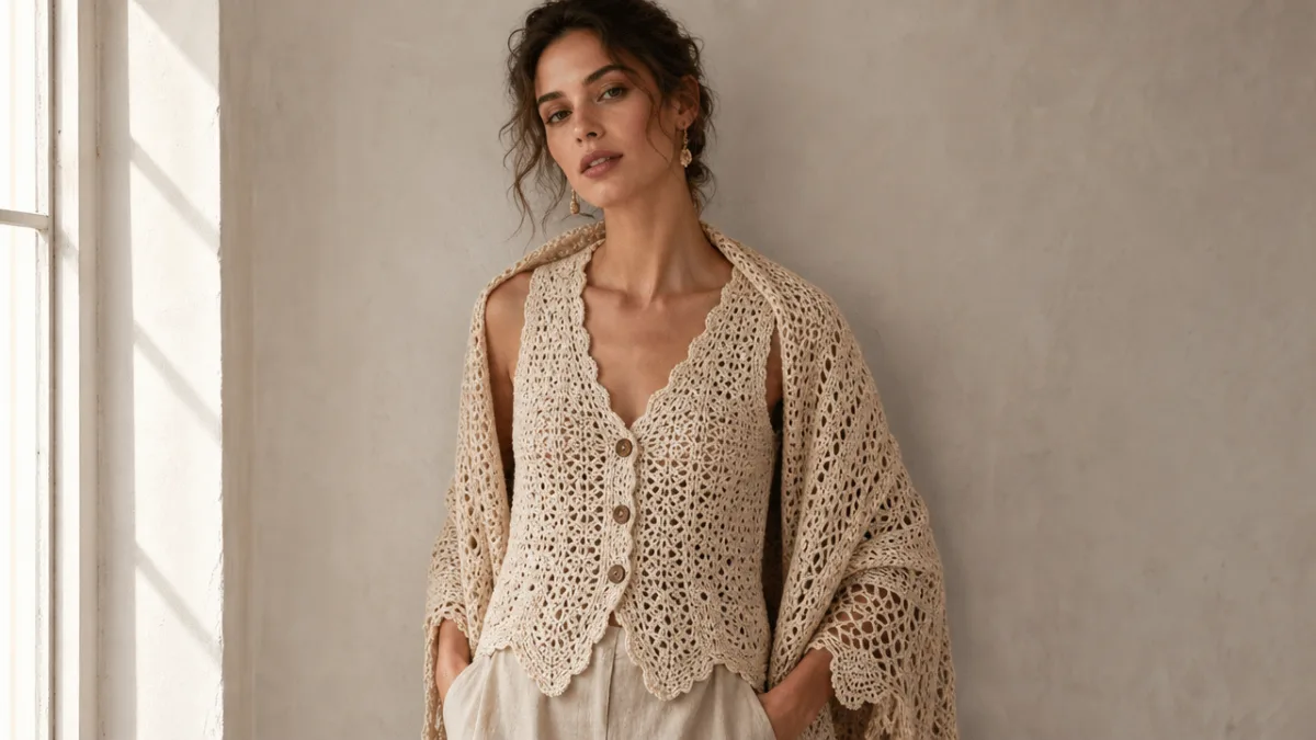a model wearing an elegant crochet vest and shawl ensemble against a…