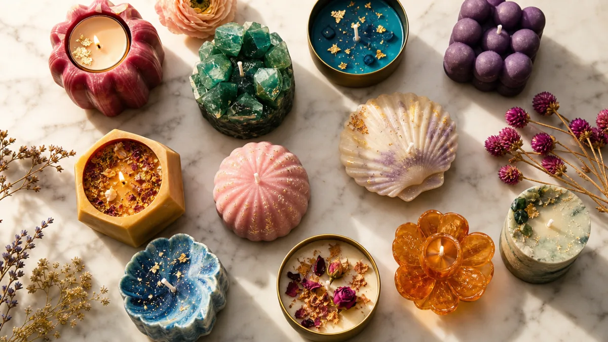 a flat lay of colorful artisan candles arranged on a white marble…
