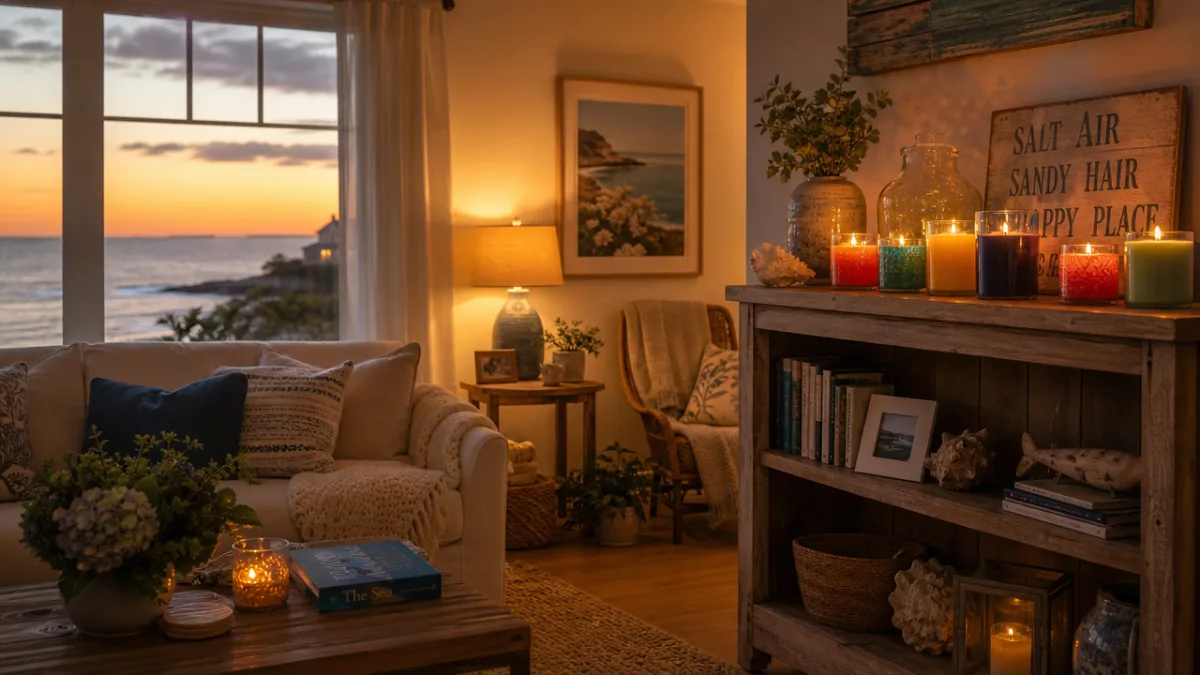 a cozy coastal living room with lit colorful candles on a wooden…