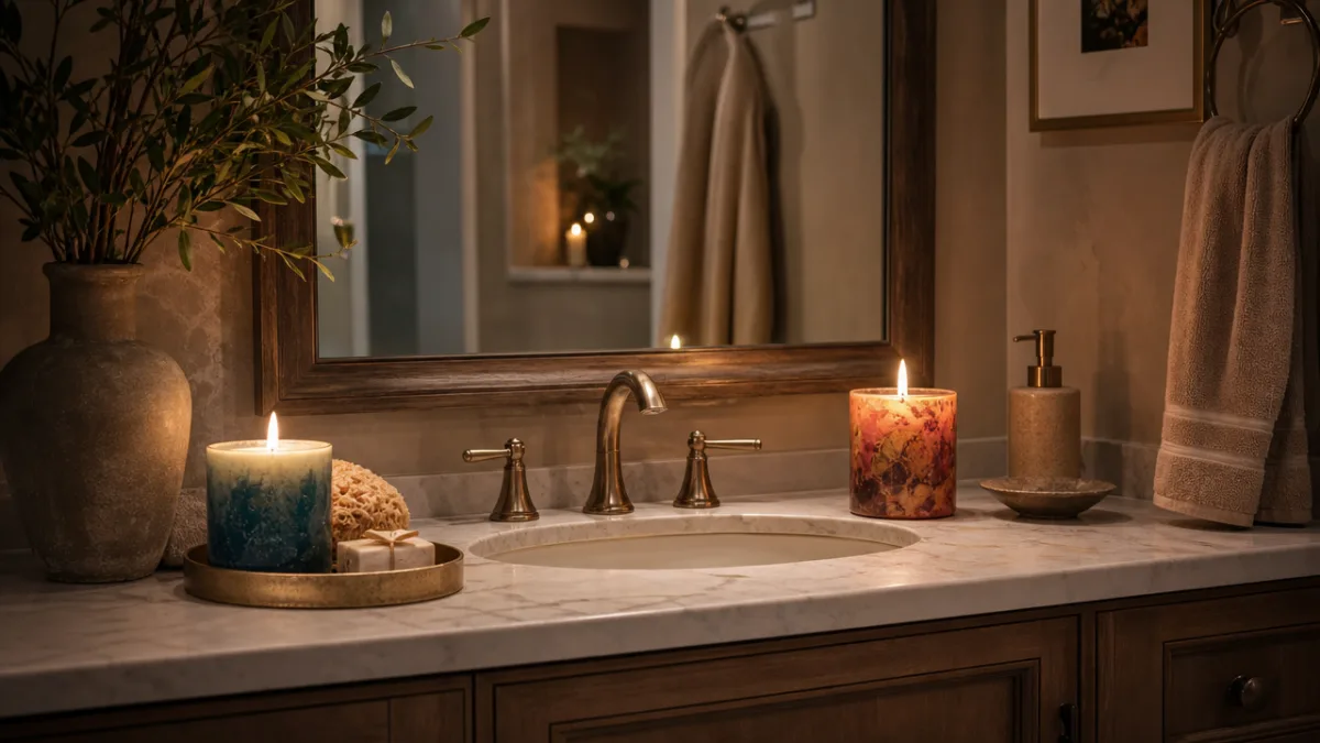 a styled bathroom vanity with two lit colorful candles reflected in mirror,…