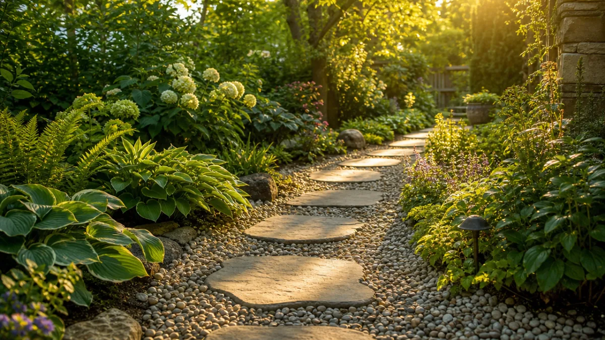 a sunlit garden pathway of pea gravel with flat stepping stones bordered…