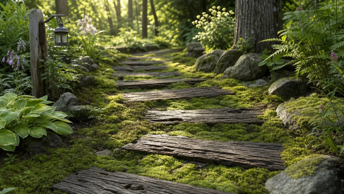 a rustic garden path made of reclaimed wood sections embedded in lush…