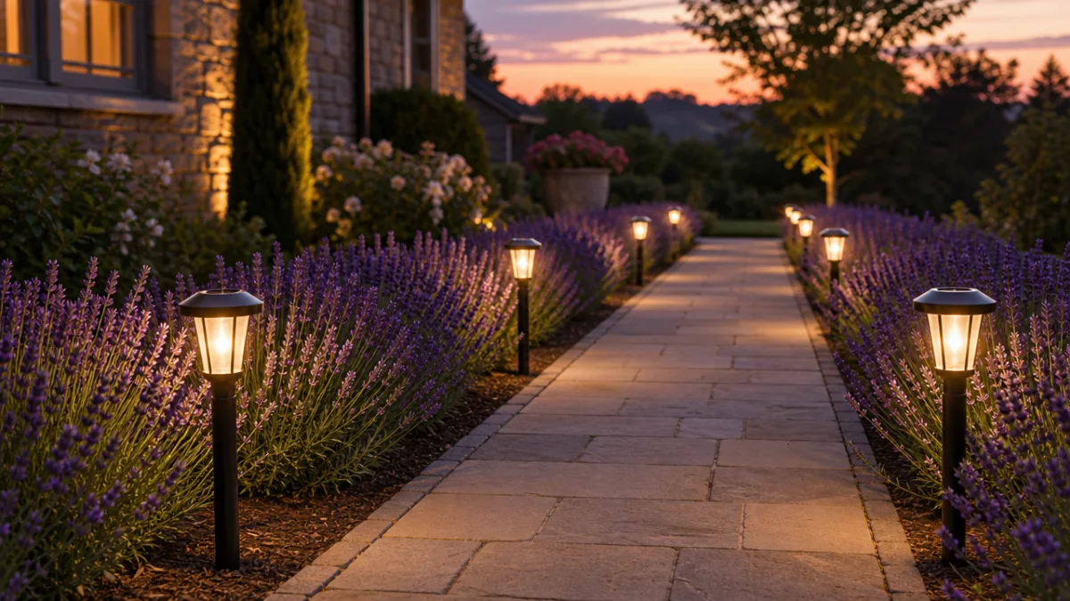 a neatly edged garden walkway with solar path lights glowing at dusk,…