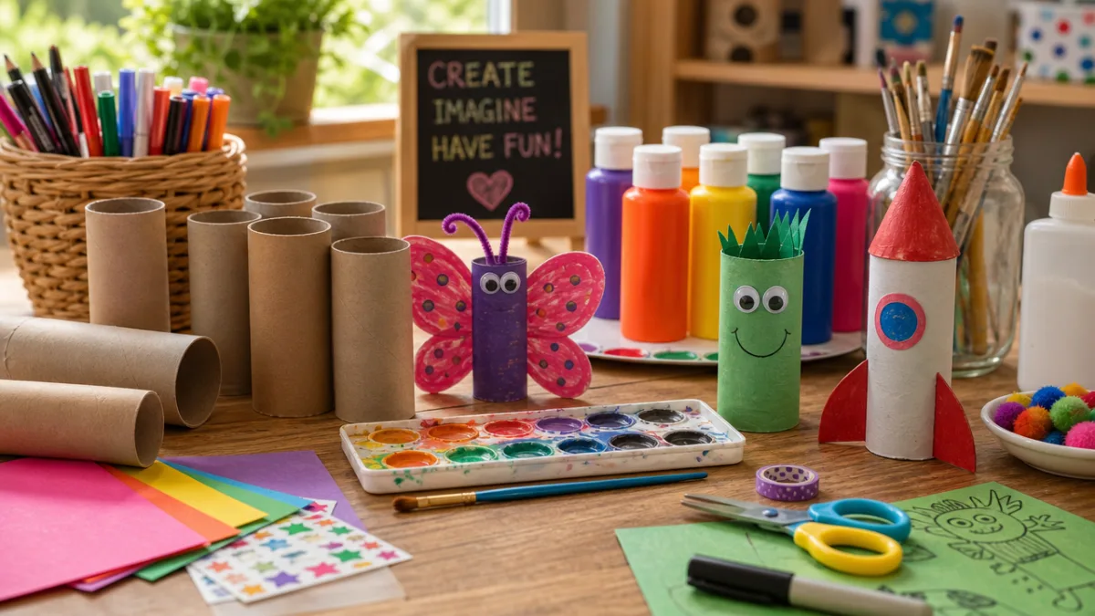 a colorful craft table spread with toilet paper rolls, paints, and art…