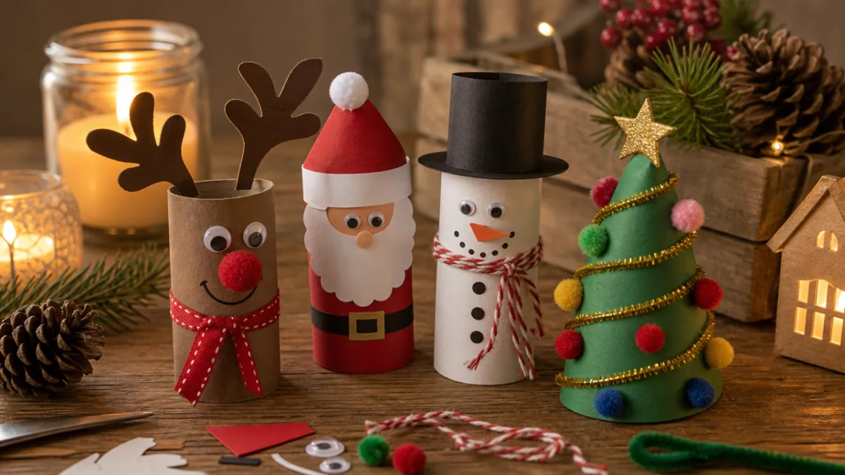festive holiday crafts made from toilet paper rolls on a wooden table,…