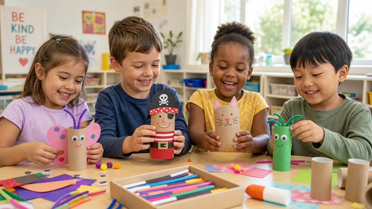 happy children crafting with toilet paper rolls at a bright classroom table,…