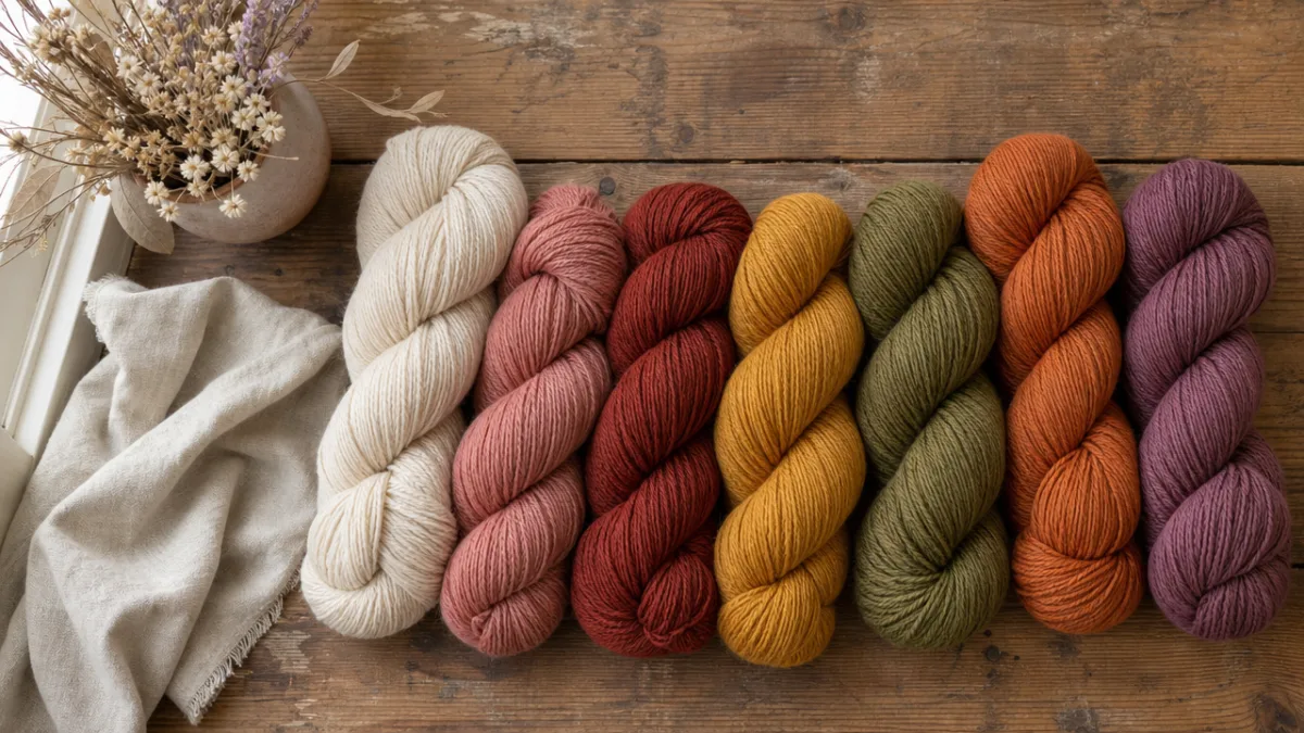 a flat lay of colorful yarn skeins in warm tones arranged on…