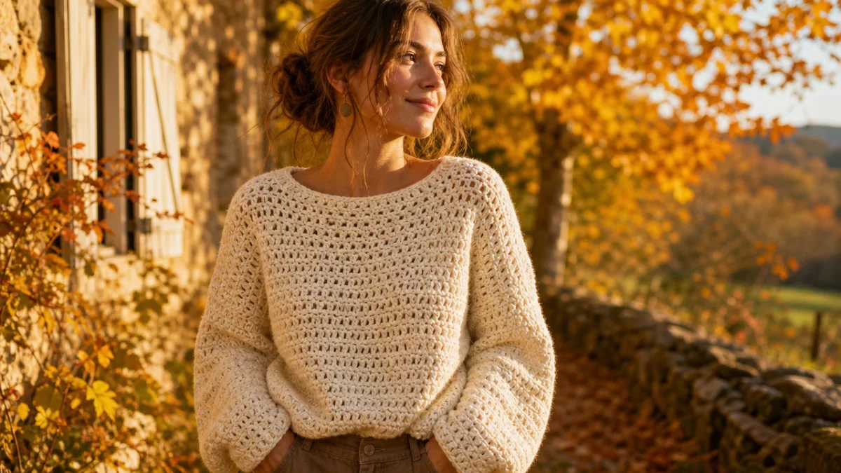 a woman wearing a handmade chunky cream crochet sweater outdoors in golden…