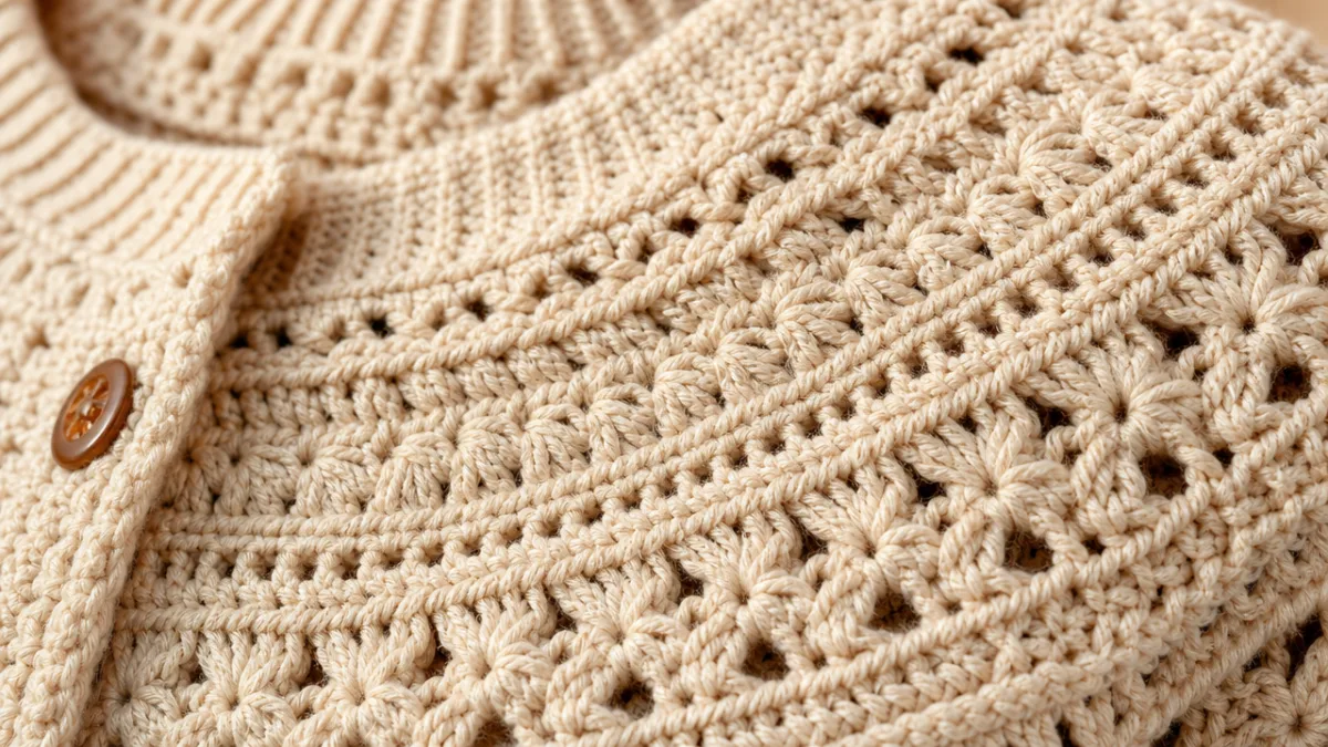 close-up of crochet stitches on a finished sweater showing texture and detail,…
