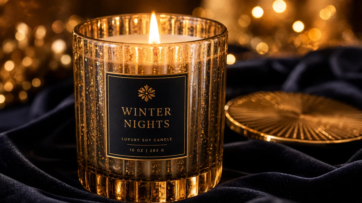 a close-up of a luxury holiday candle on a dark velvet surface…