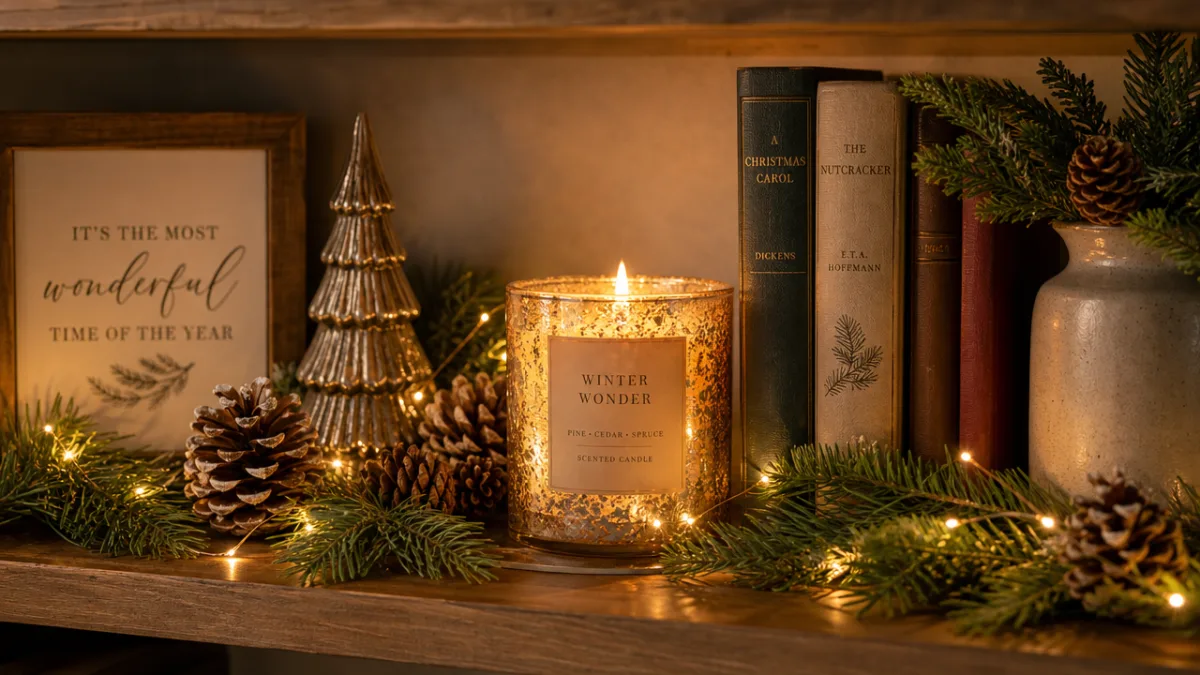 a styled holiday shelfscape with a glowing festive candle surrounded by pinecones,…