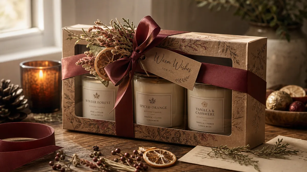 a beautifully wrapped holiday candle gift set on a wooden table with…