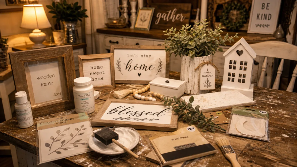 a rustic farmhouse craft table covered with Dollar Tree items, wooden frames,…
