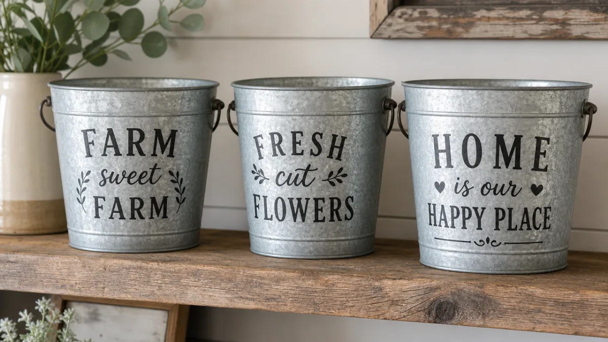 three galvanized metal buckets with painted farmhouse lettering arranged on a wooden…