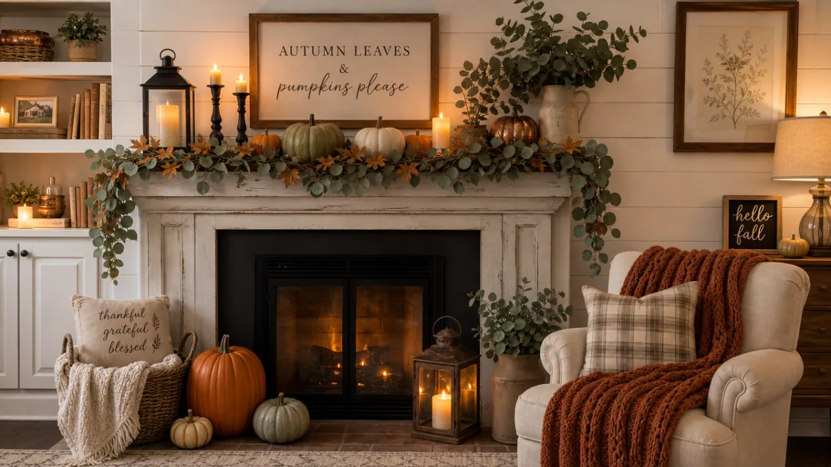 a cozy farmhouse living room mantle decorated for autumn with pumpkins and…