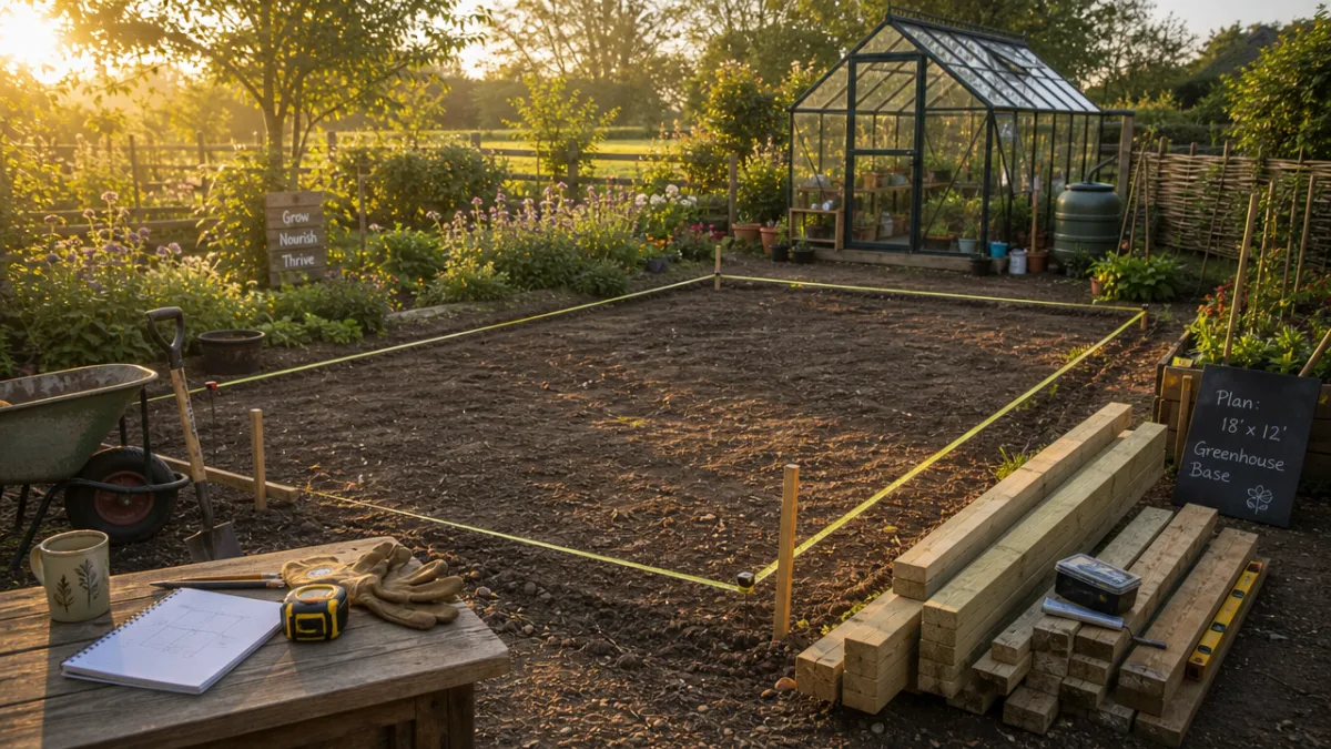 a sunlit garden plot being measured for a greenhouse foundation, warm golden…