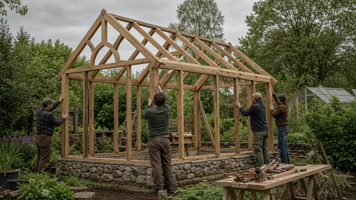 a wooden greenhouse frame being raised by hand in a green garden,…