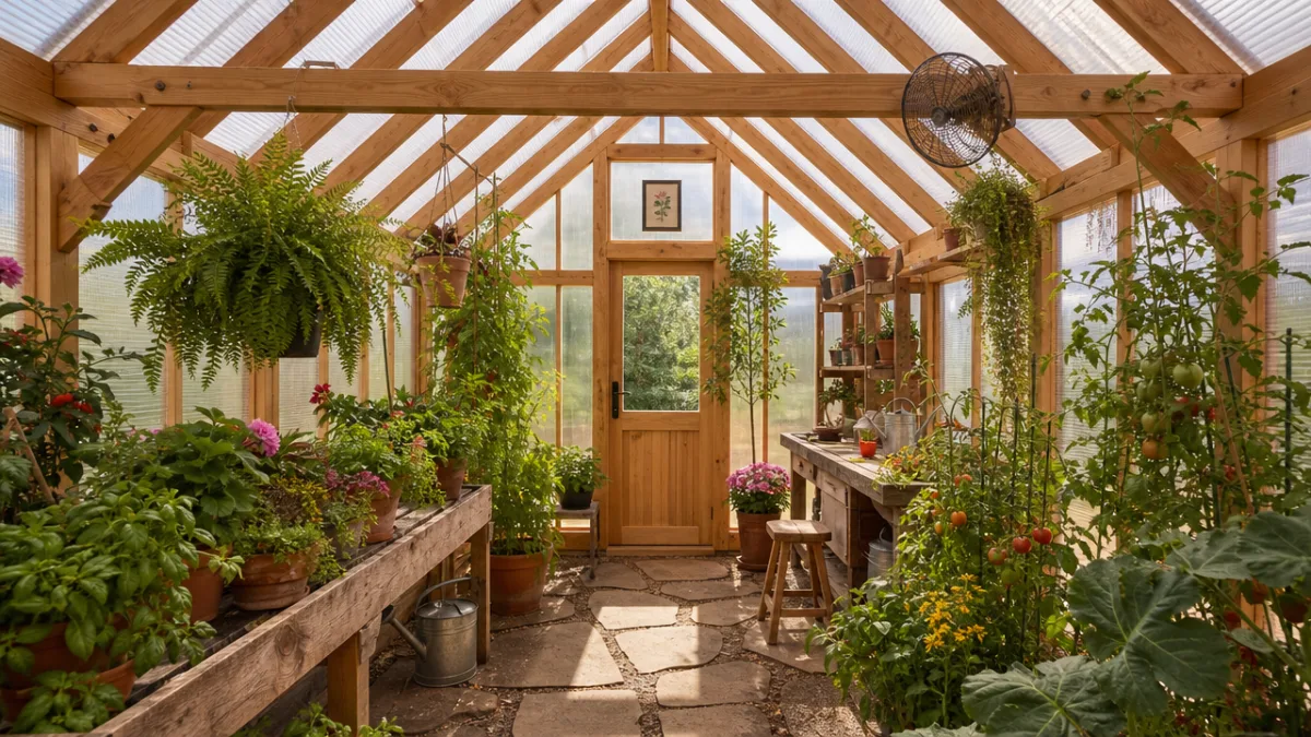 a finished timber frame greenhouse interior filled with lush plants, warm diffused…