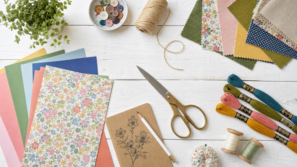 a flat lay of craft supplies including scissors, colorful paper, fabric swatches,…