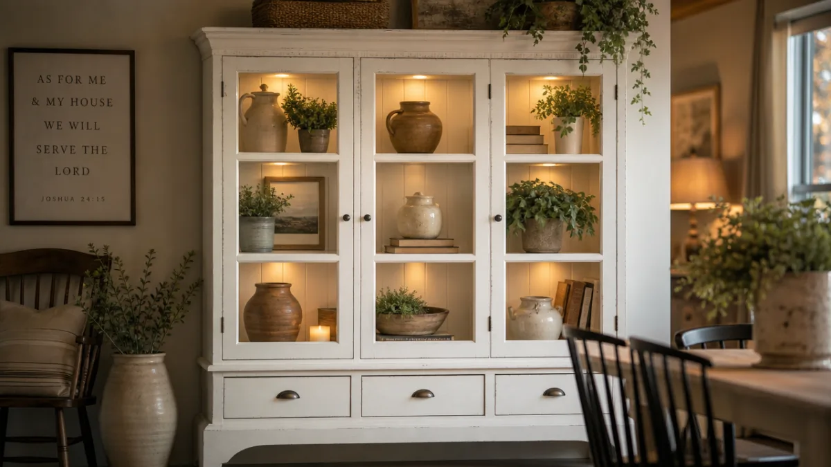 a styled farmhouse display cabinet with white painted finish, holding pottery and…