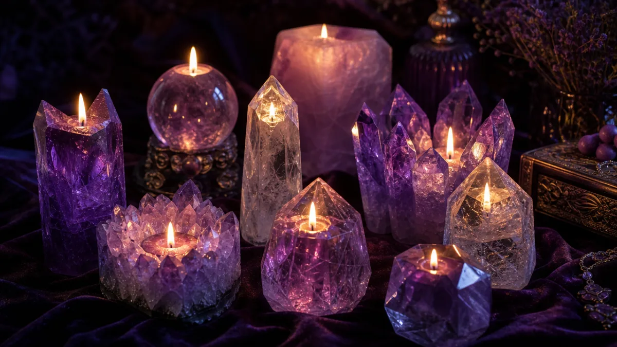 a collection of glowing crystal candles arranged on a dark velvet surface…