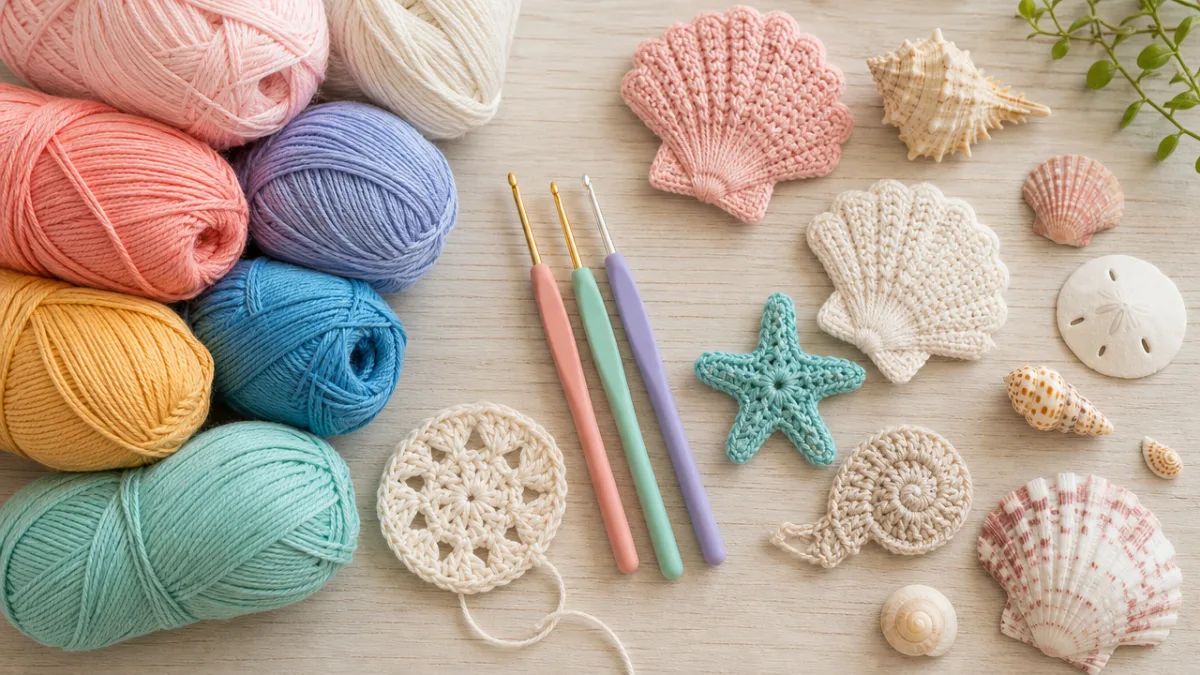 a flat lay of colorful cotton yarn skeins, crochet hooks, and seashell…