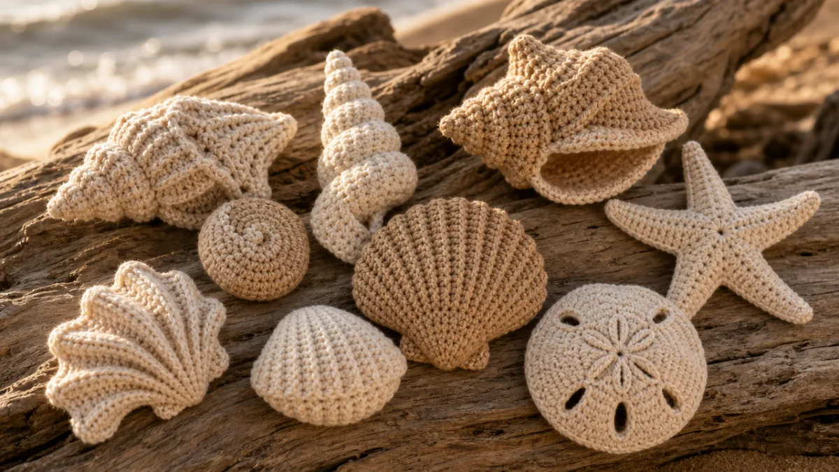 a collection of finished crocheted seashells in cream and sand tones arranged…