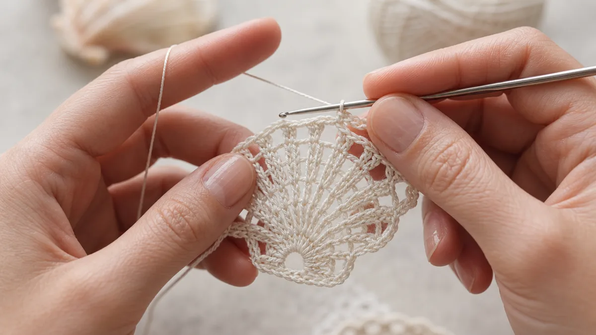 close-up of hands crocheting a seashell motif with fine cotton thread, soft…