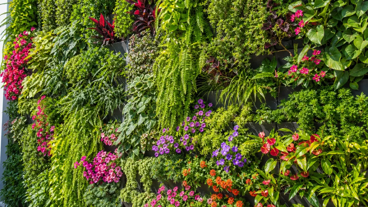a vibrant vertical garden wall with lush greenery and colorful flowers in…