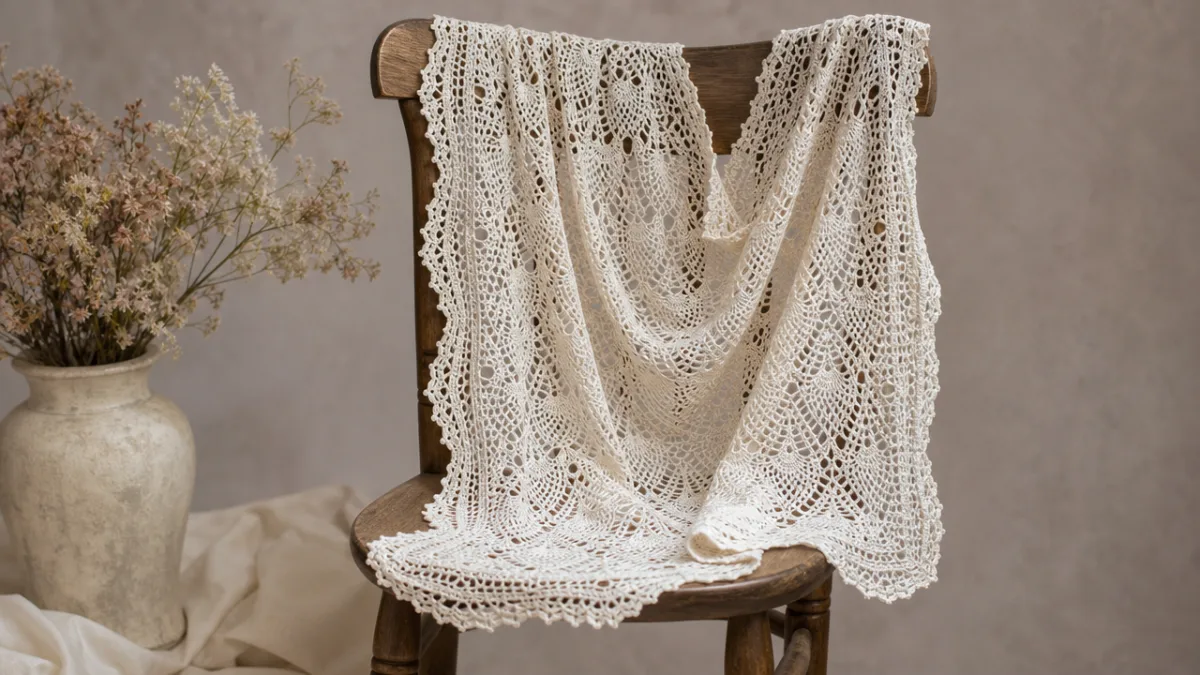 a finished delicate ivory lace crochet shawl draped over a wooden chair…
