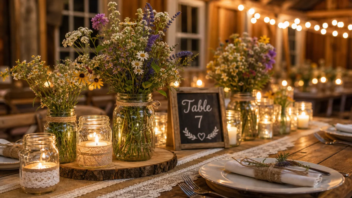 a rustic farmhouse wedding tablescape with mason jars, wildflowers, and candlelight casting…