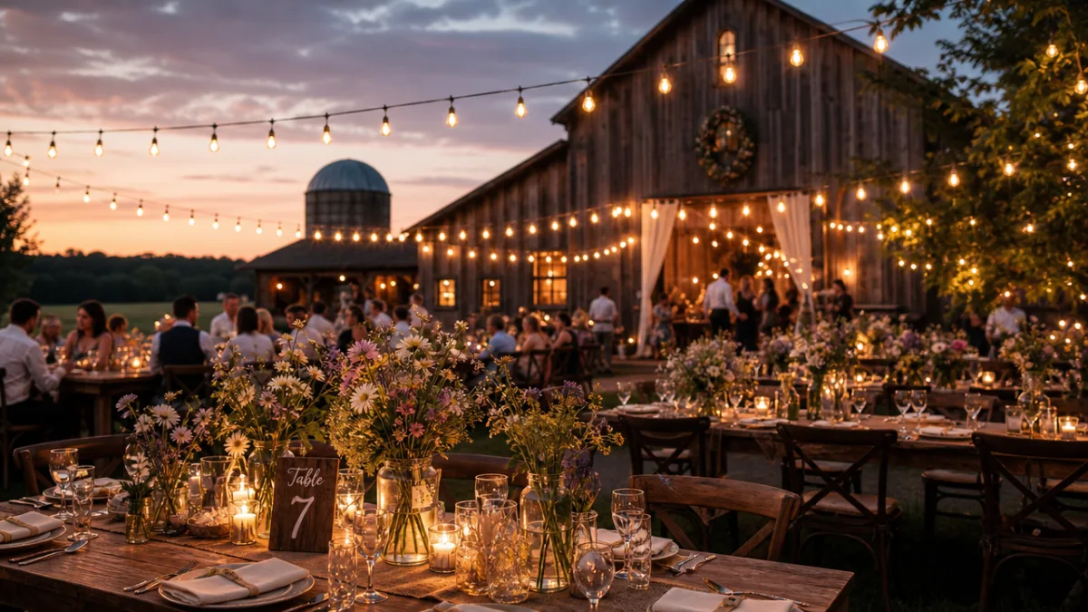 a romantic farmhouse wedding reception at dusk with Edison string lights glowing…