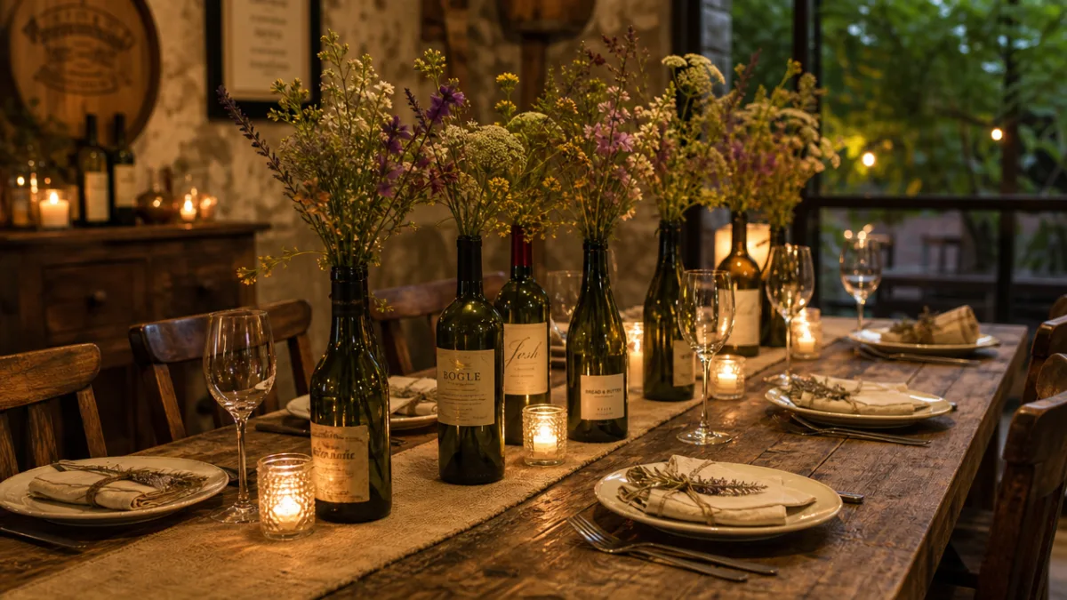 a rustic wooden dining table with repurposed wine bottles as vases holding…