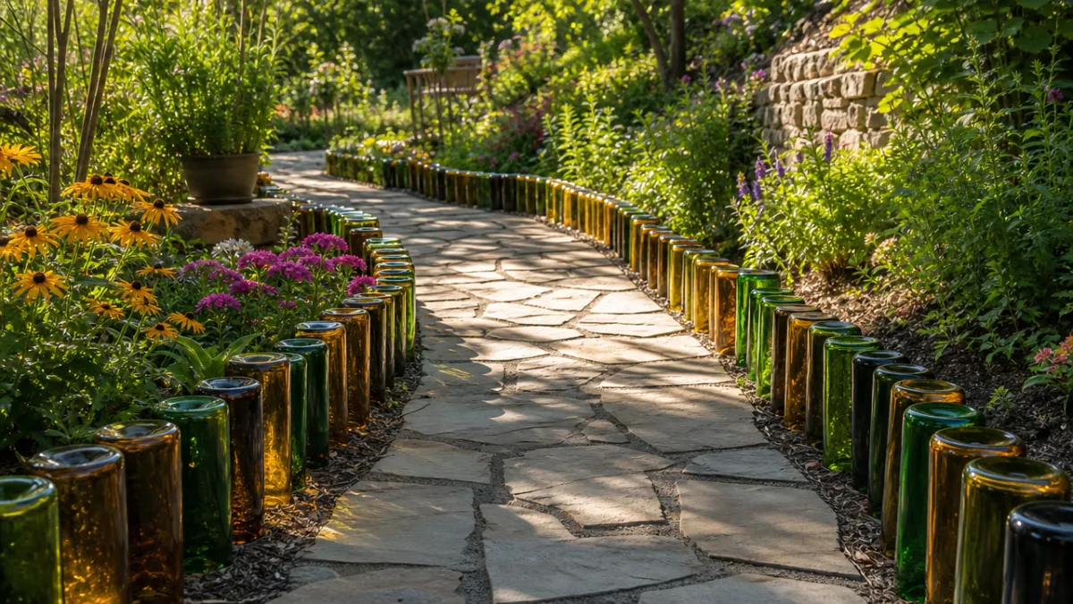 a sunlit garden pathway bordered by colorful inverted wine bottles in rich…