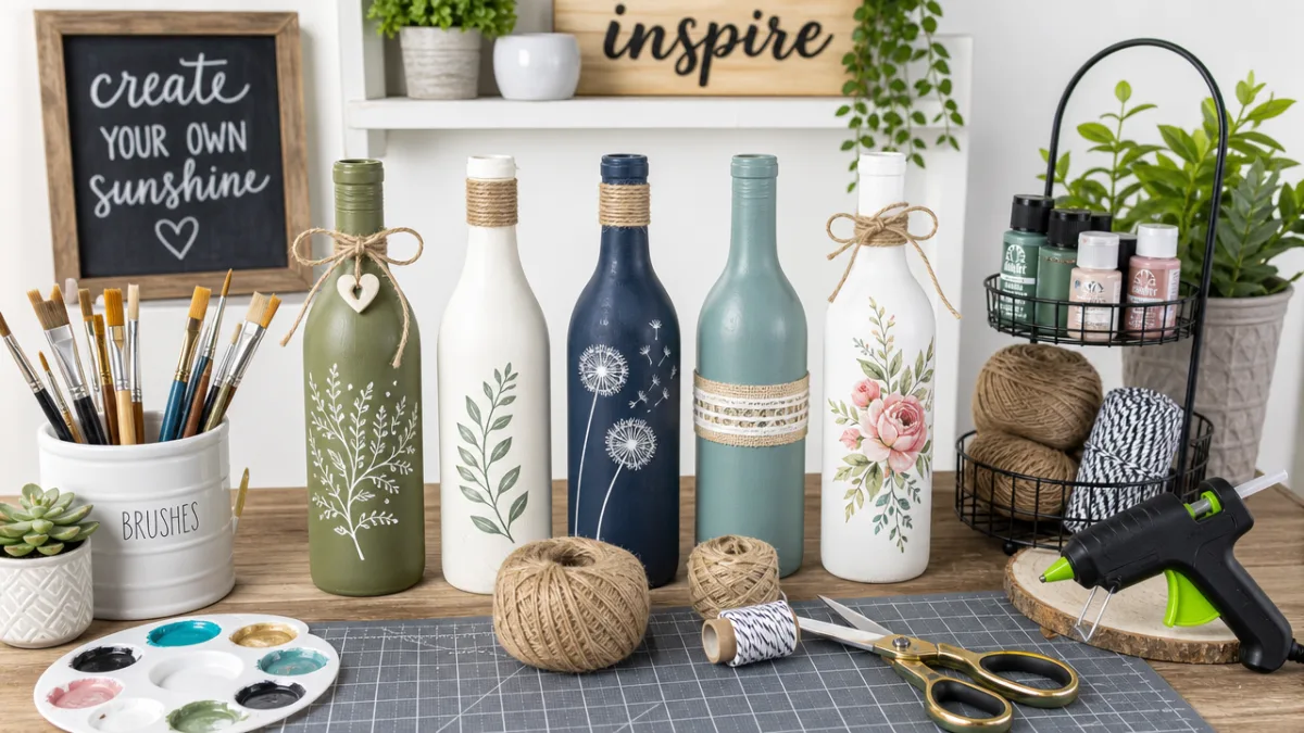 a well-lit crafting workspace with painted wine bottles, brushes, twine, and tools…