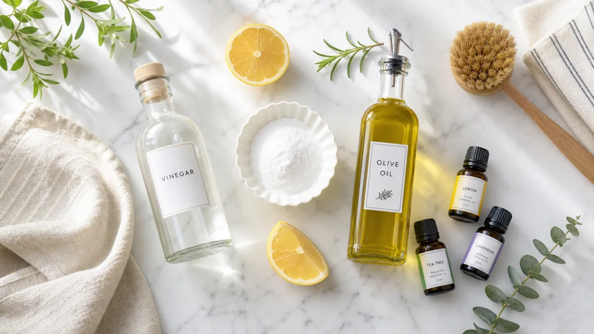 a flat lay of natural cleaning ingredients including vinegar, olive oil, and…