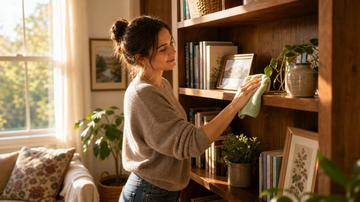 a woman wiping a wooden bookshelf with a microfiber cloth, warm afternoon…