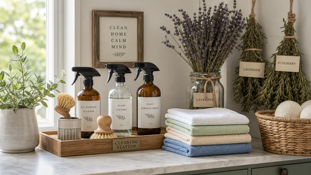 a neatly arranged home cleaning station with glass spray bottles, folded microfiber…