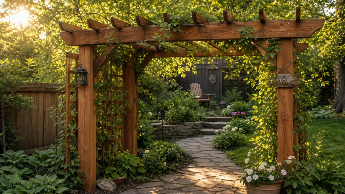 a rustic backyard trellis made of cedar wood with climbing greenery, warm…