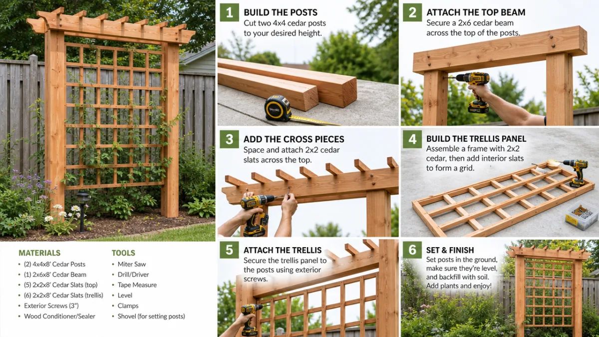 a step-by-step DIY backyard trellis construction scene with cedar boards and tools,…