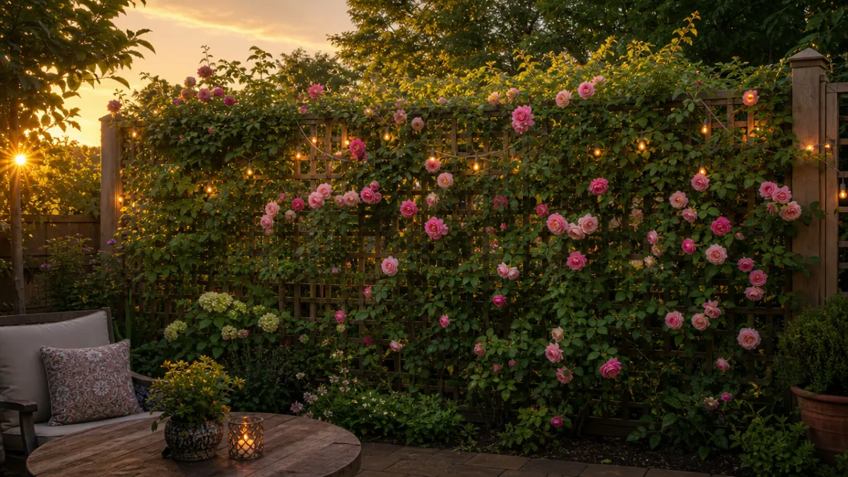 a lush backyard privacy trellis covered in climbing roses and green vines,…