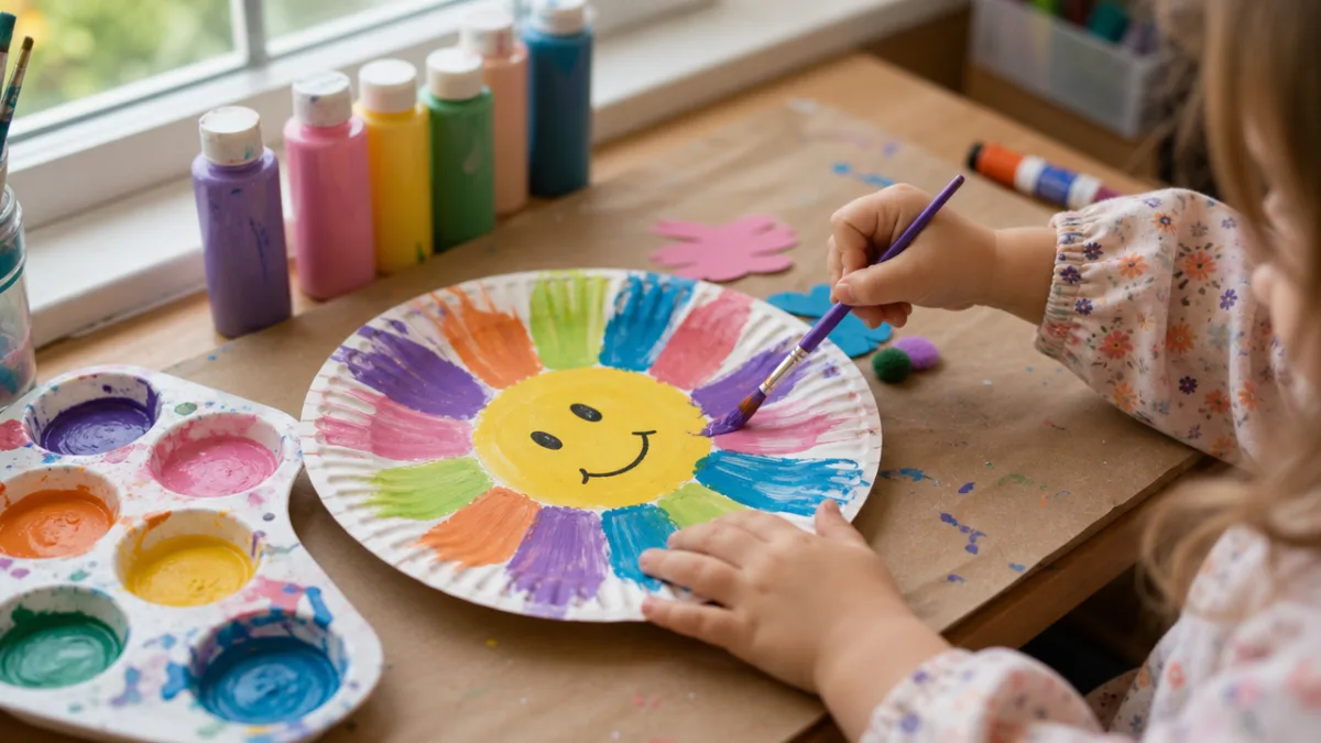 a toddler's hands painting a colorful paper plate craft on a craft…