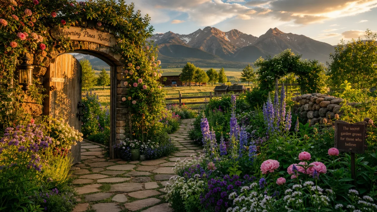 a lush secret garden on a Montana ranch with mountain peaks in…